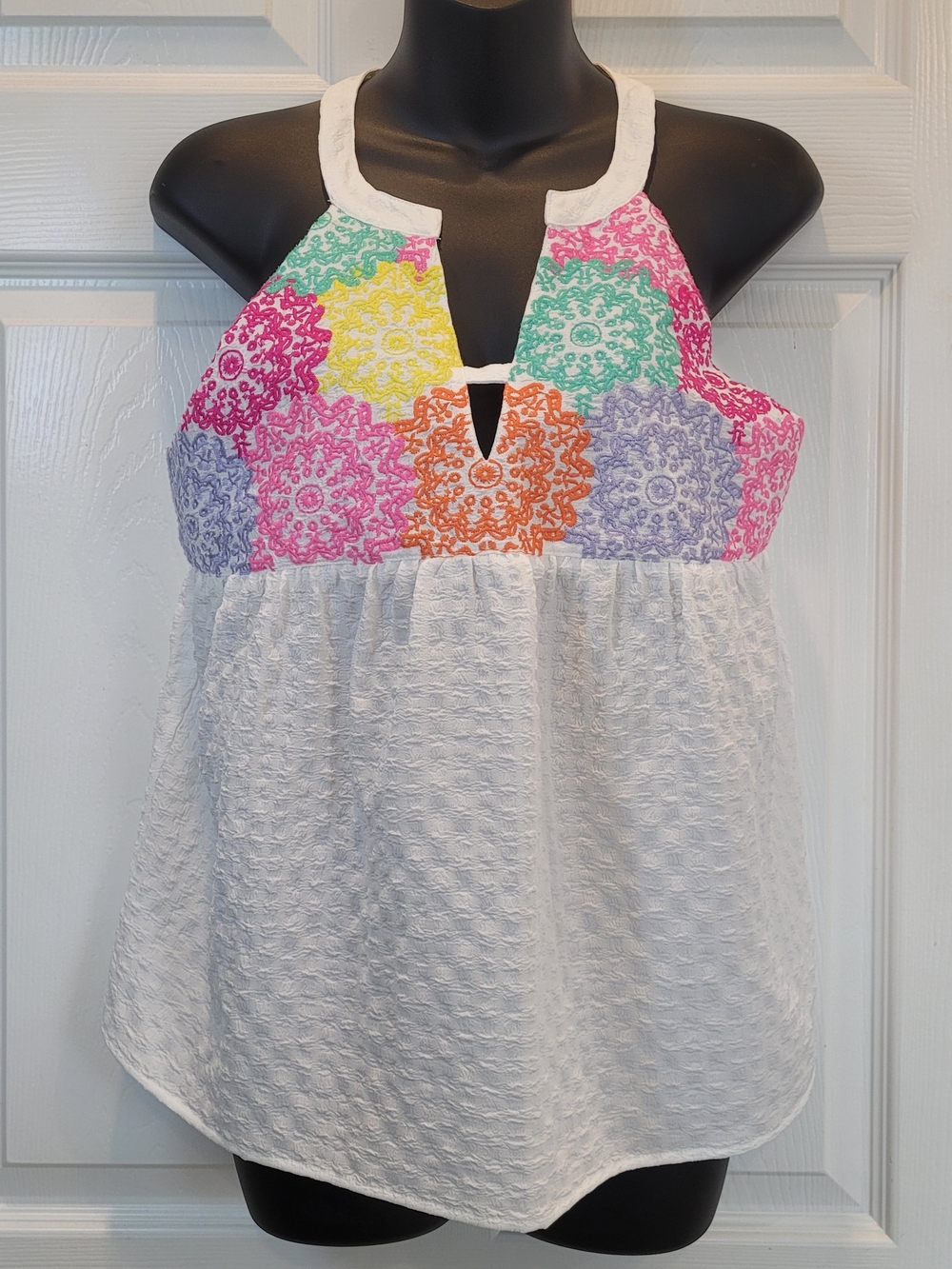 THML White TextureHalter Tank, Multicolor Kaleidoscope Medallion Embroidery, S
